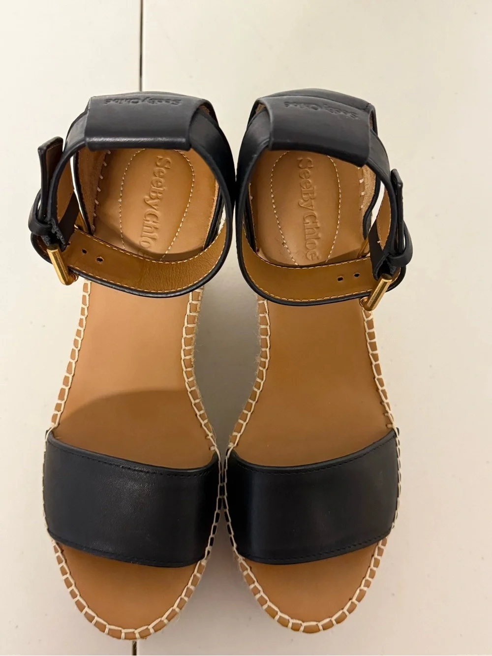 See By Chloé Glyn Black Leather Espadrille Wedge Sandals Size 8 / 38
